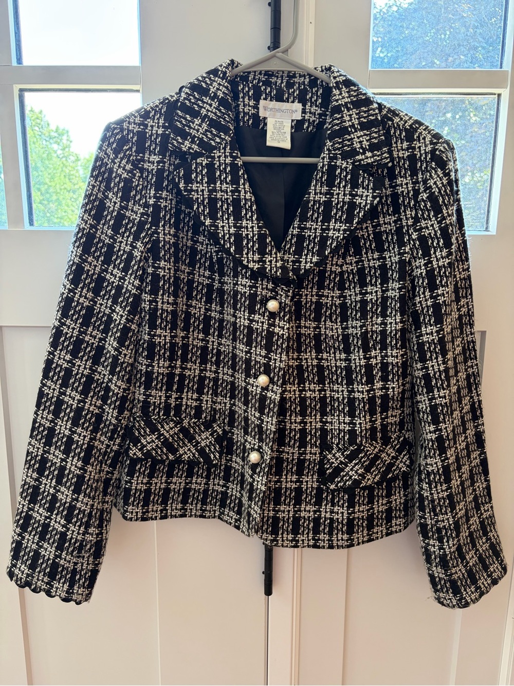 Black White Tweed Blazer Pearl Button Classic Size 12 Worthington